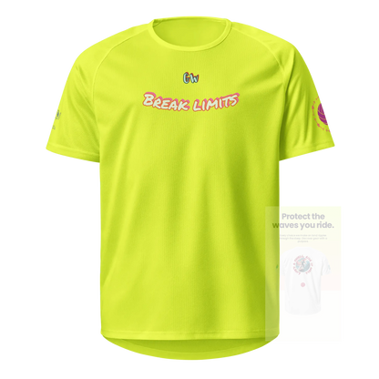 Neon yellow unisex sports jersey, front text graphic and small logo on chest