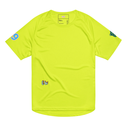 Unisex sports jersey, neon yellow with small side logos and chest label