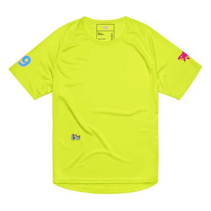 Scuba02 unisex sports jersey in neon yellow, front view with small side logos