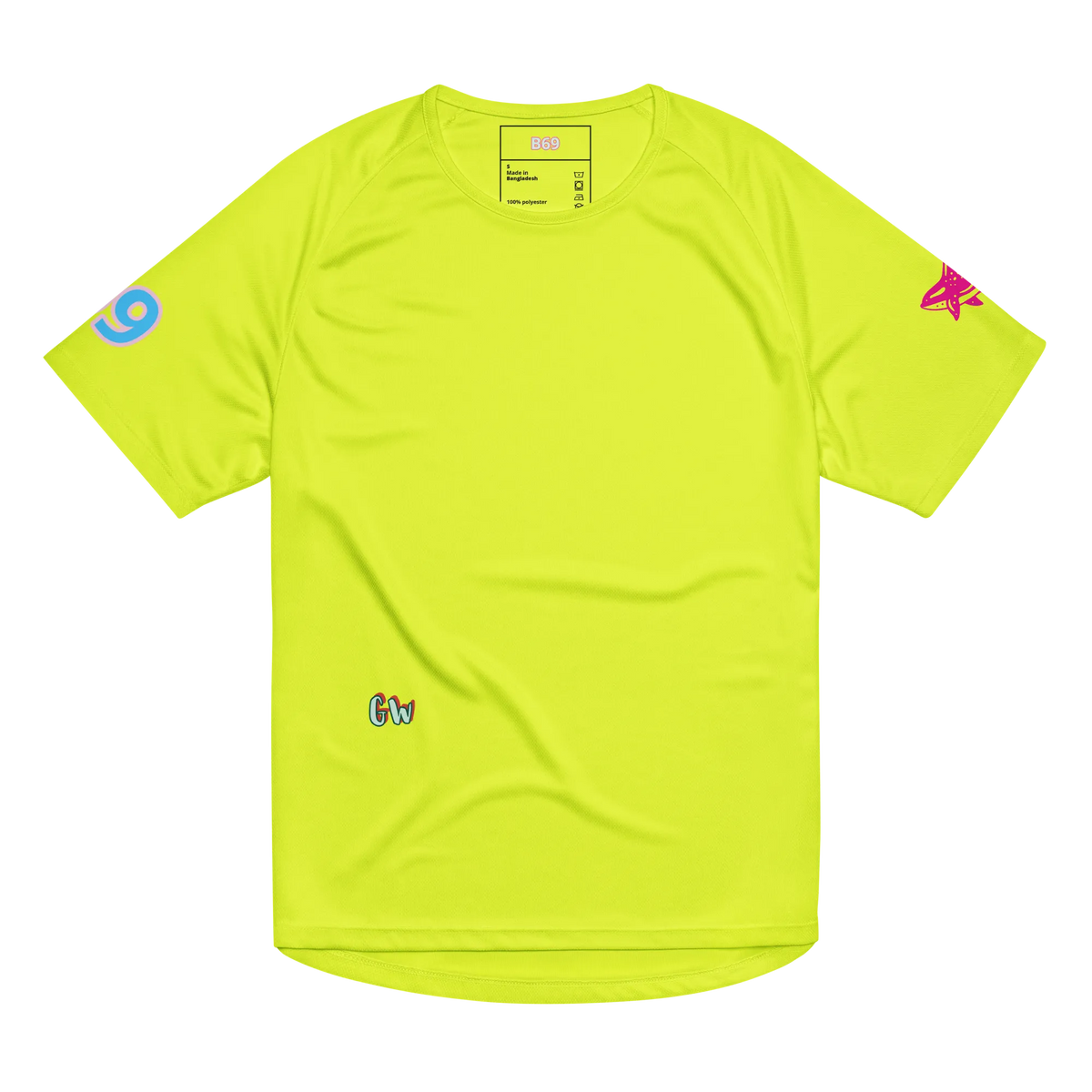 Scuba02 unisex sports jersey in neon yellow, front view with small side logos