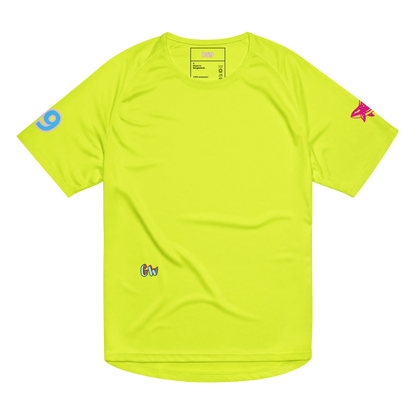 Scuba02 unisex sports jersey in neon yellow, front view with small side logos