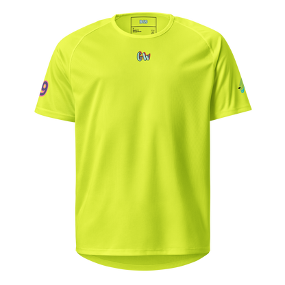 Neon yellow unisex sports jersey with 'Gw' crest on chest, short-sleeve