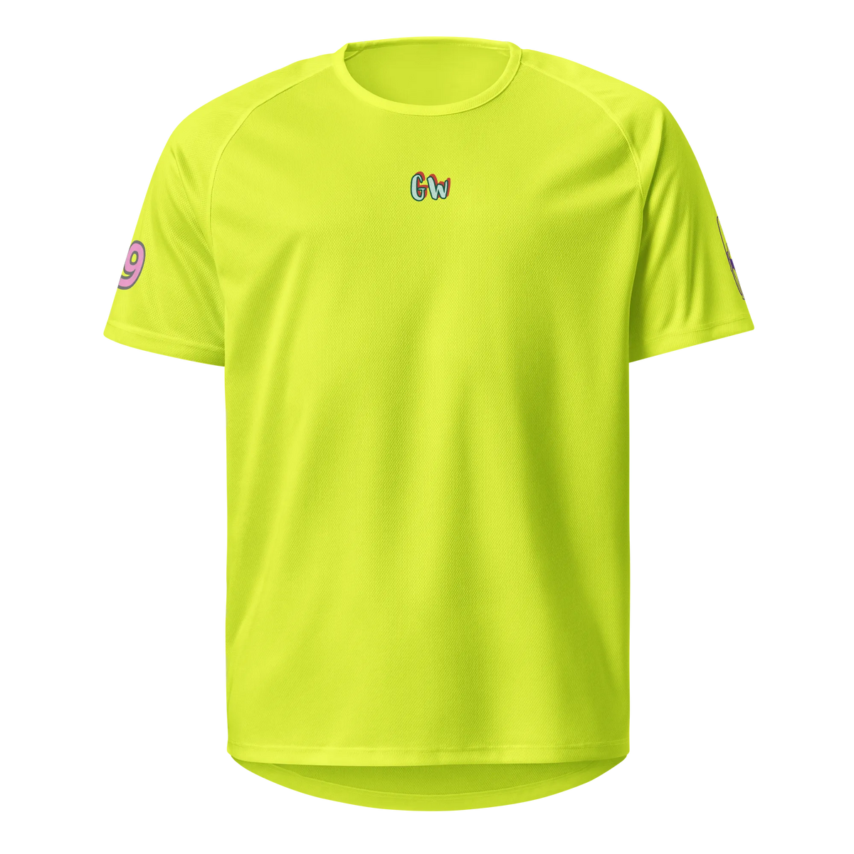 Neon yellow unisex sports jersey, short sleeves, small chest logo