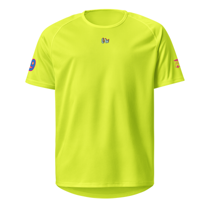 Neon yellow sports jersey, short sleeves, small chest logo, crew neck