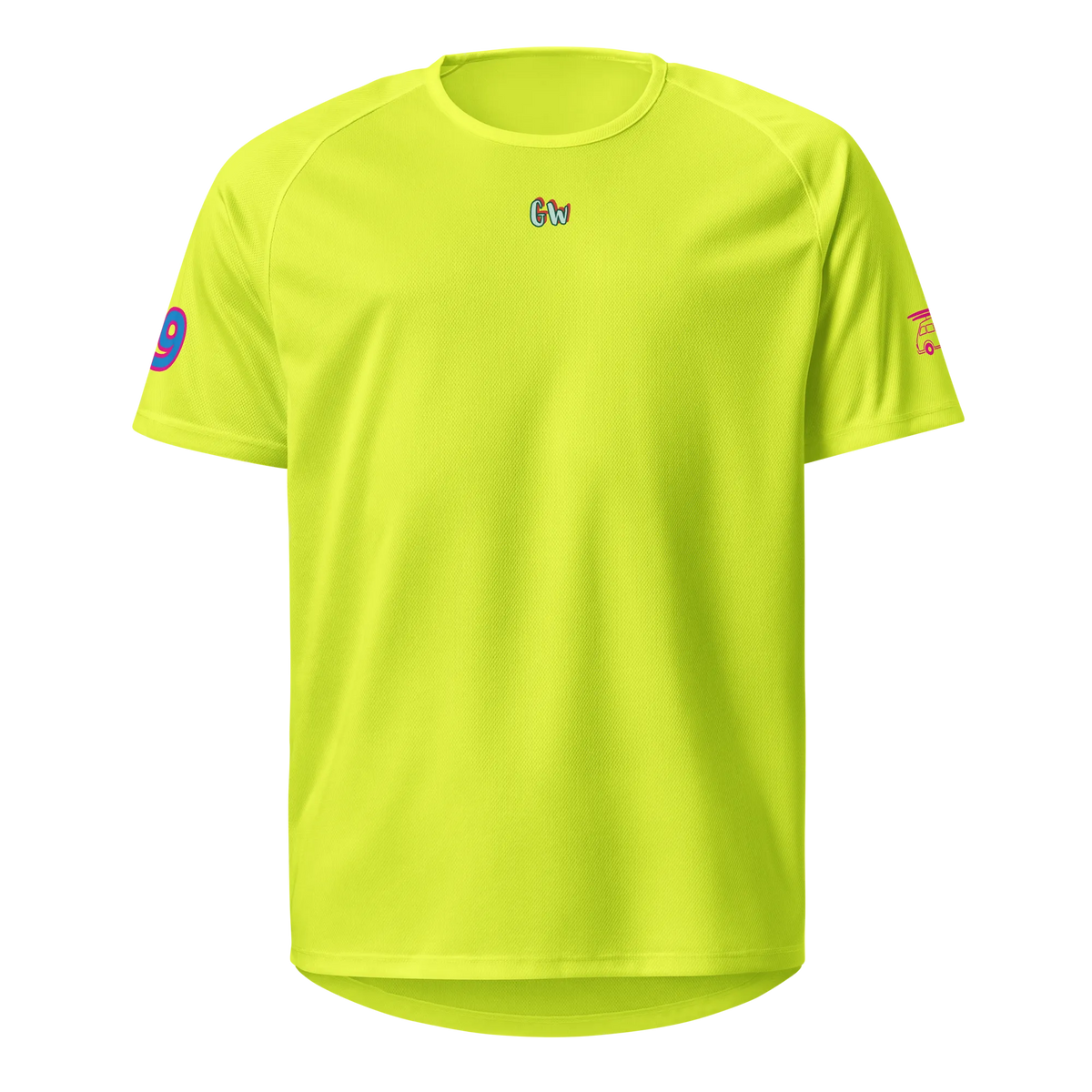 Neon yellow sports jersey, short sleeves, small chest logo, crew neck