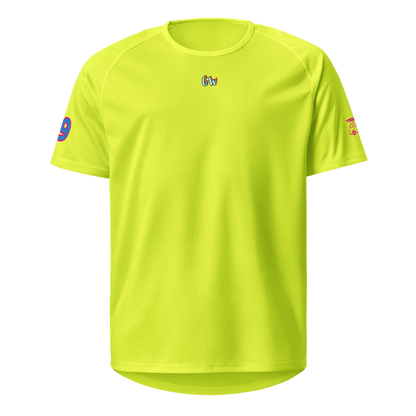 Neon yellow sports jersey, short sleeves, small chest logo, crew neck
