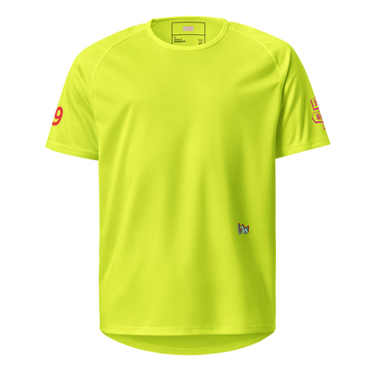 Neon yellow unisex sports jersey front, sleeve logo and small chest mark
