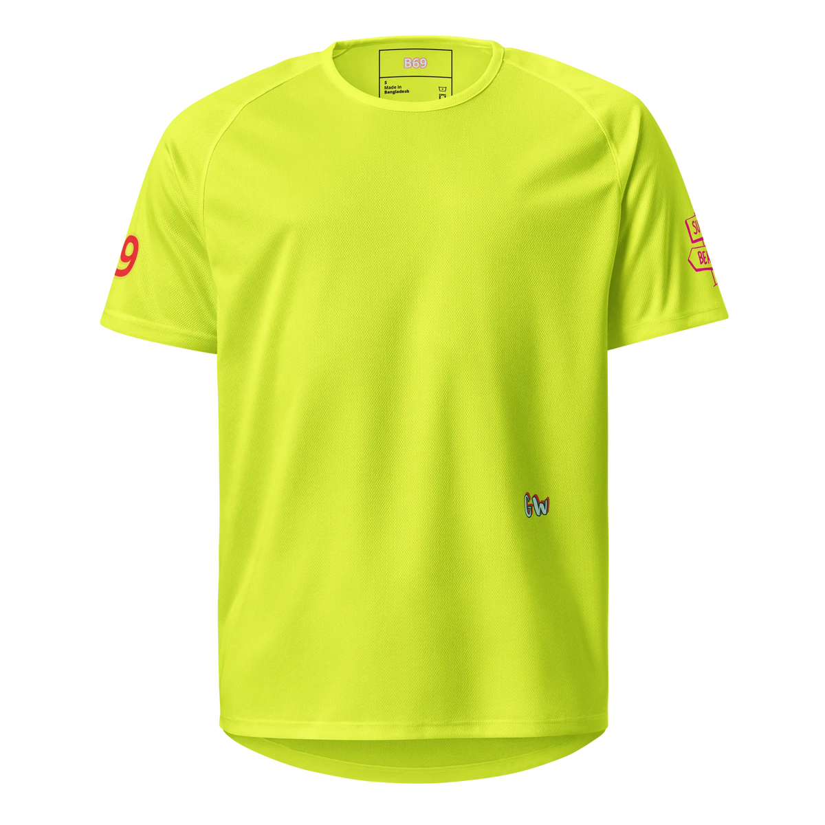 Neon yellow unisex sports jersey front, sleeve logo and small chest mark