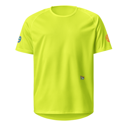 Neon yellow sports jersey front with “9” patch on left sleeve, unisex fit