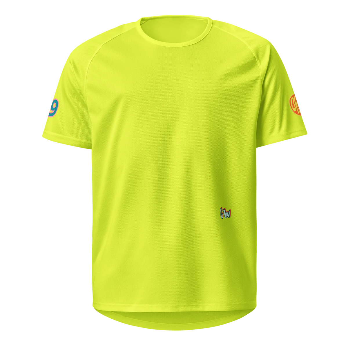 Neon yellow sports jersey front with “9” patch on left sleeve, unisex fit