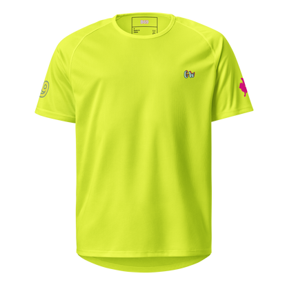 Neon yellow unisex sports jersey with short sleeves and crew neck, front logo