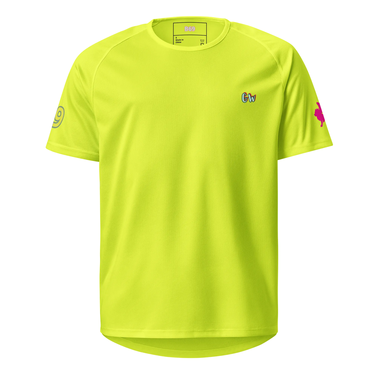 Neon yellow unisex sports jersey with short sleeves and crew neck, front logo