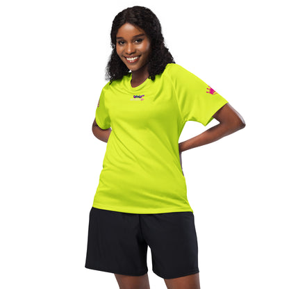 Neon yellow unisex sports jersey with small chest logo and short sleeves