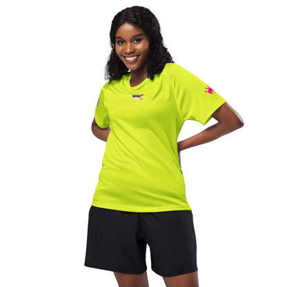Neon yellow unisex sports jersey with small chest logo and short sleeves