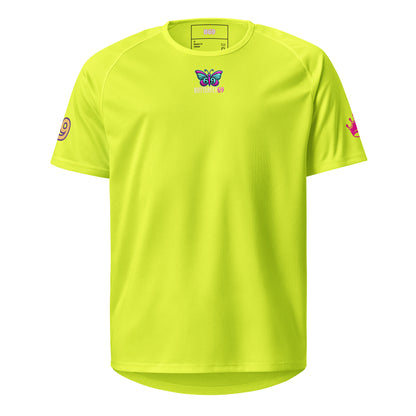 Neon yellow unisex sports jersey front, butterfly logo near collar