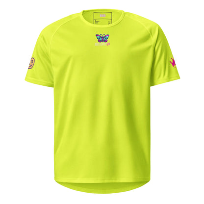 Neon yellow unisex sports jersey front, butterfly logo near collar