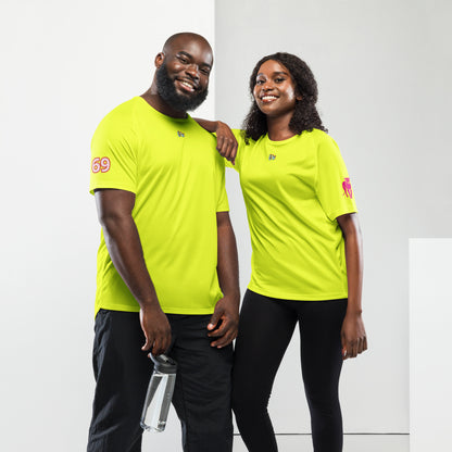 Unisex Sportshirt, Neon Yellow, kurzarm mit kleinem Brust-Logo und Seitendetails