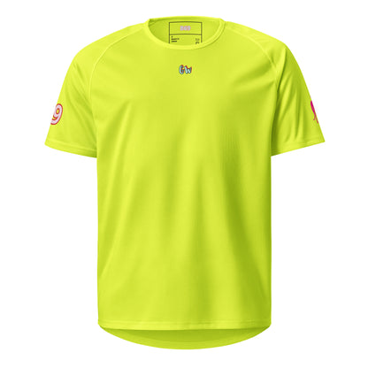 Unisex sports jersey, neon yellow-green, front view with “Gw” logo
