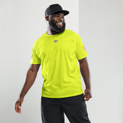 Scrambler#1 T-shirt in neon yellow with chest logo and side sleeve patch