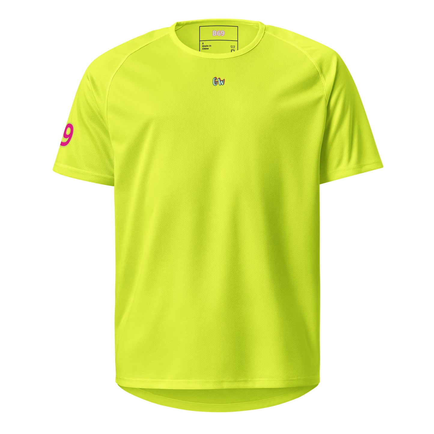 AW Monaco sports jersey in neon yellow-green, front with small “Gw” logo and “9” sleeve print.