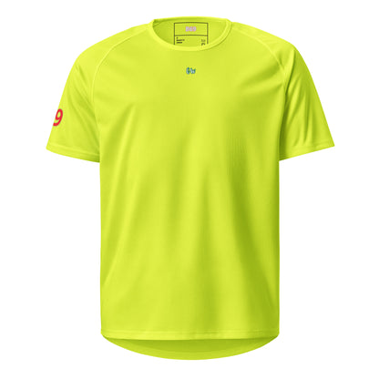 AW Sydney sports jersey in neon yellow, front with cW logo and 9 on sleeve