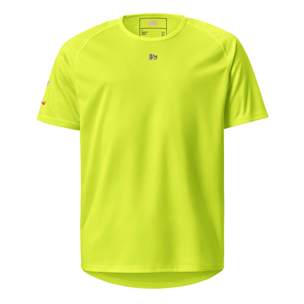 Neon yellow sports jersey, front with small chest logo and textured knit look
