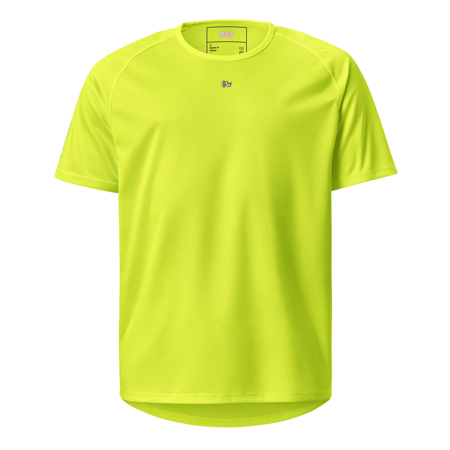 AW Shang sports jersey in neon yellow, front with small CW logo