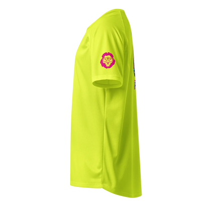 Neon yellow unisex sports jersey, side view with small head logo on sleeve