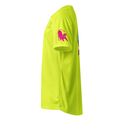 Neon Yellow unisex sports jersey with pink bull graphic on the sleeve