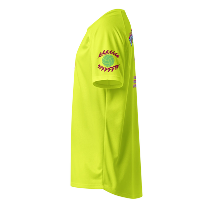 Unisex sports jersey, neon yellow side view with red laurel-ball emblem