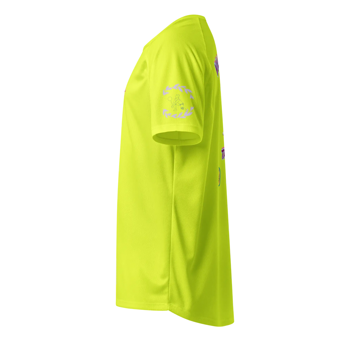 Neon yellow unisex sports jersey side view with small sleeve graphics