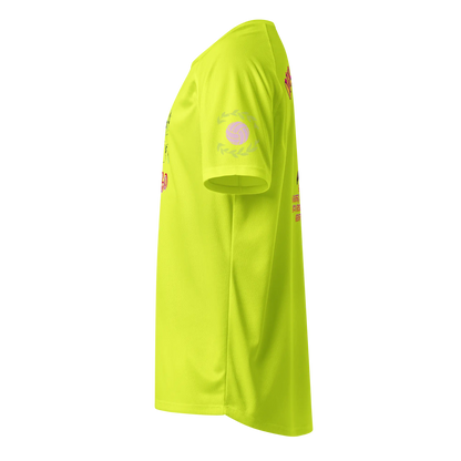 Neon yellow unisex sports jersey side view with volleyball wreath logo