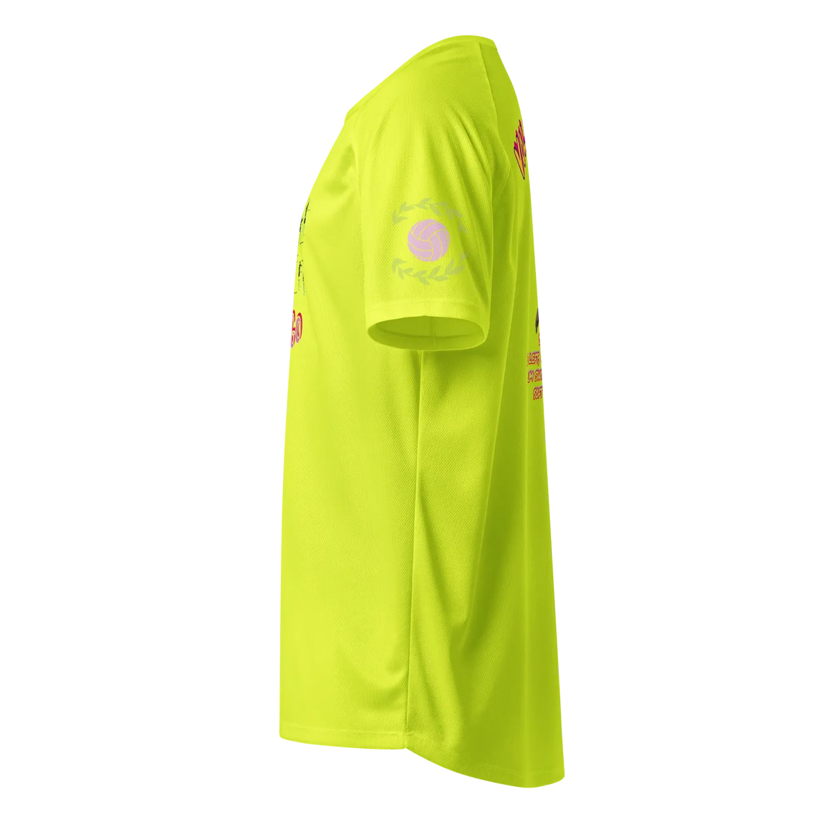 Neon yellow unisex sports jersey side view with volleyball wreath logo