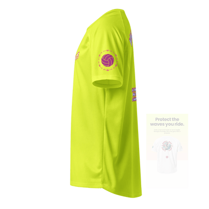 Neon yellow unisex sports jersey, side view with volleyball emblem on sleeve