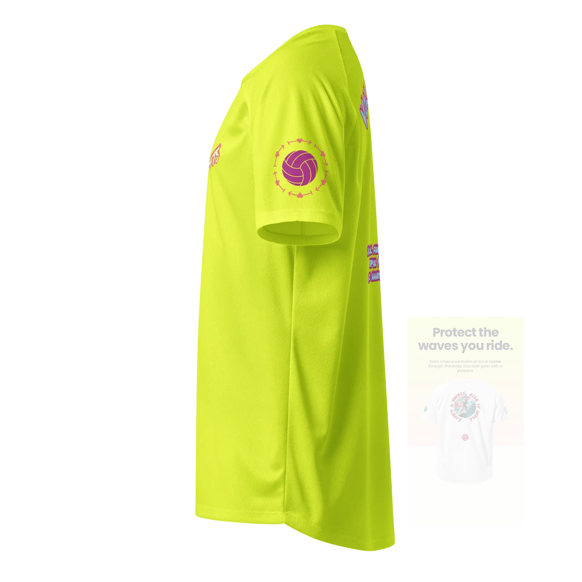 Neon yellow unisex sports jersey, side view with volleyball emblem on sleeve