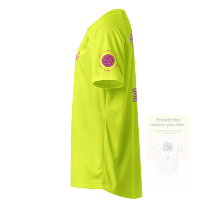 Neon yellow unisex sports jersey, side view with volleyball emblem on sleeve