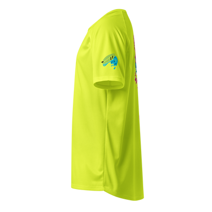 Neon yellow sports jersey sleeve with blue-and-green surf graphic patch