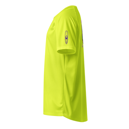 Neon yellow unisex sports jersey, side view with small surfboard-style icon