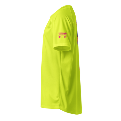 Neon yellow sports jersey side view with small pink bus graphic on sleeve