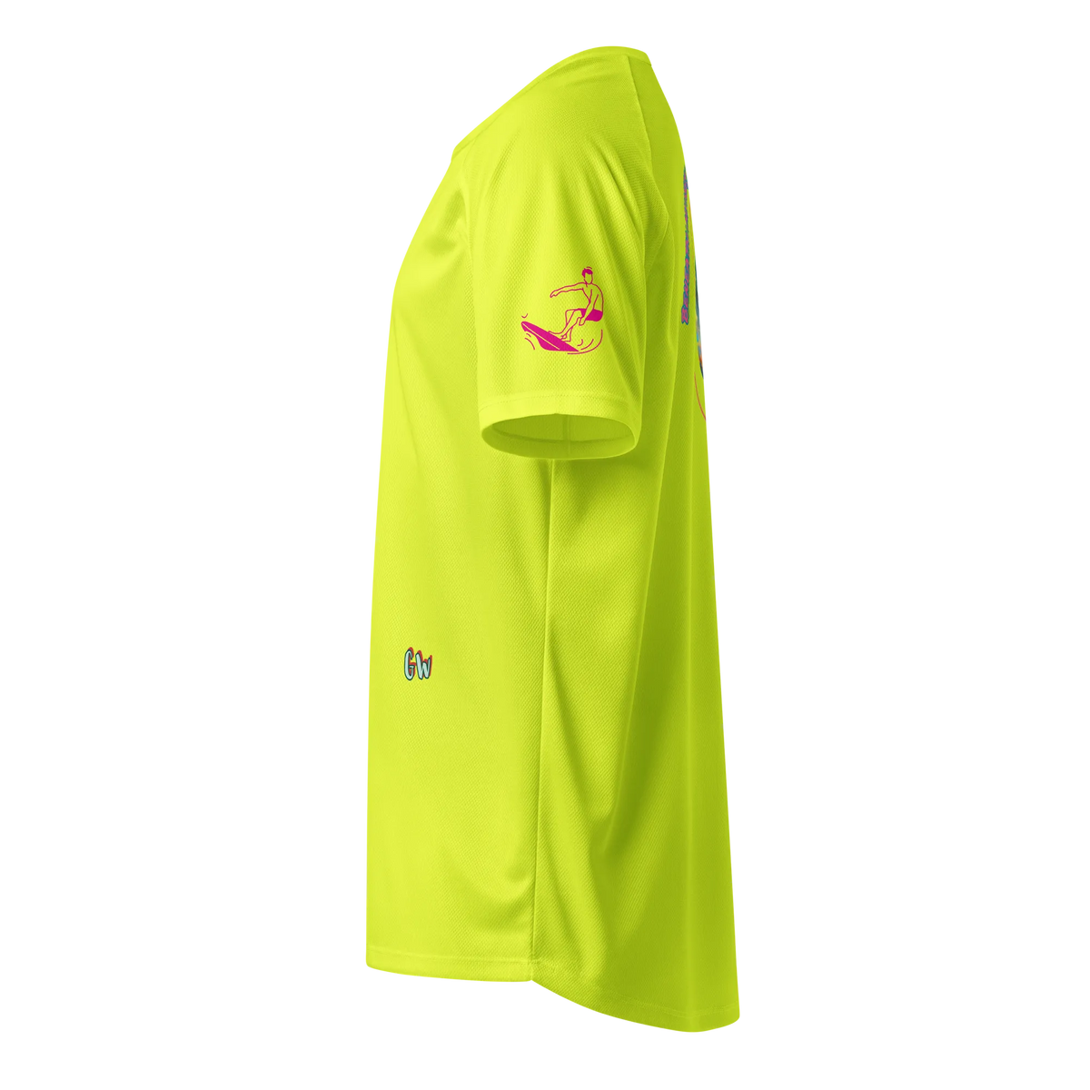 Neon yellow sports jersey side view with surfer icon on sleeve and small logo
