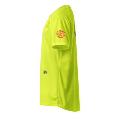 Neon yellow sports jersey side view with red surf emblem and small “Gw” logo