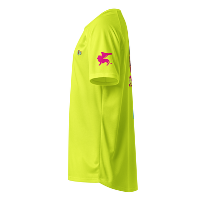 Neon yellow unisex sports jersey, side view with small “Gw” and pink horse on sleeve