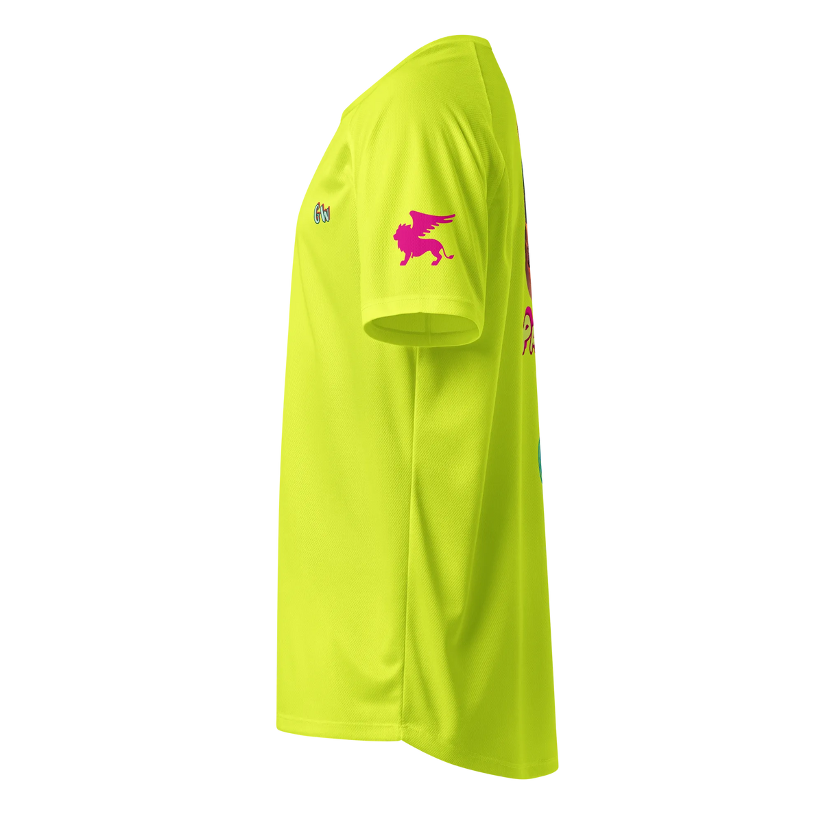 Neon yellow unisex sports jersey, side view with small “Gw” and pink horse on sleeve