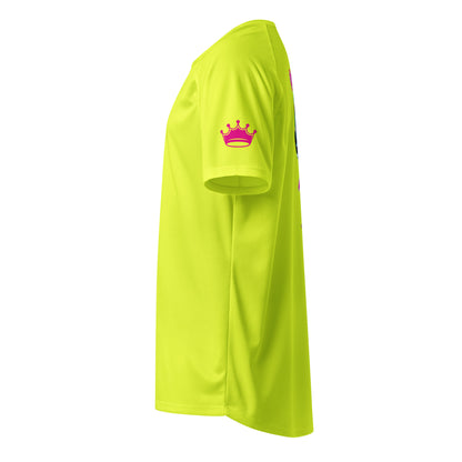 Neon yellow unisex sports jersey side view, crown logo on chest
