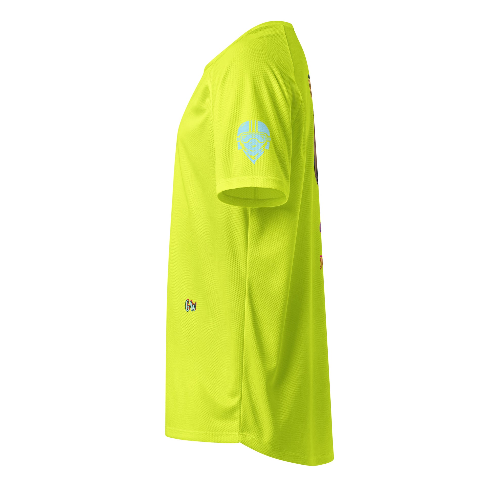 Scrambler#2 T-shirt (Neon yellow) with light-blue helmet-face logo on sleeve