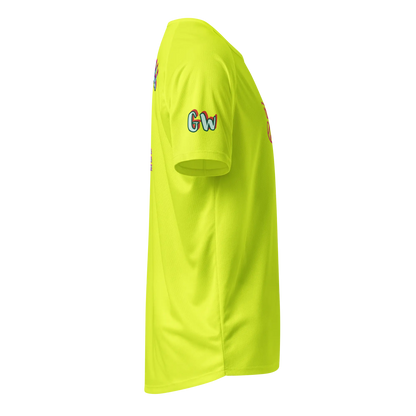 Unisex sports jersey, neon yellow sleeve side with colorful 'Gw' logo
