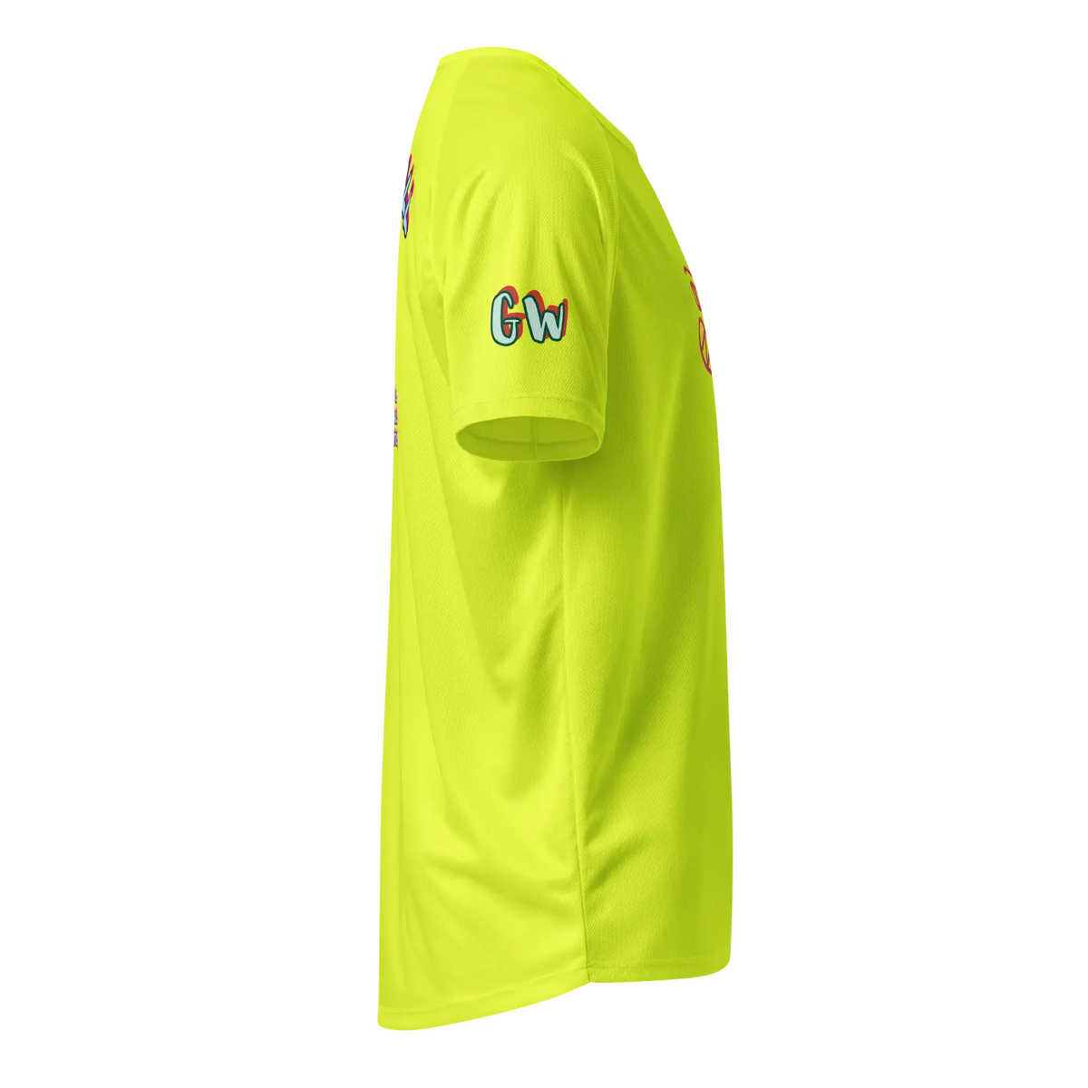 Unisex sports jersey, neon yellow sleeve side with colorful 'Gw' logo