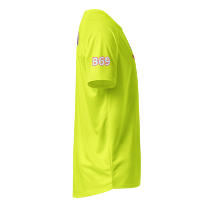 Neon yellow unisex sports jersey sleeve with B69 patch