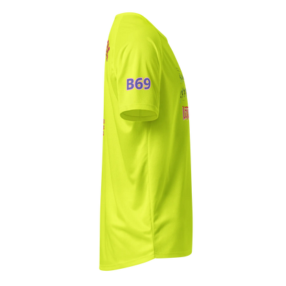 Neon yellow unisex sports jersey side view, sleeve “B69” print