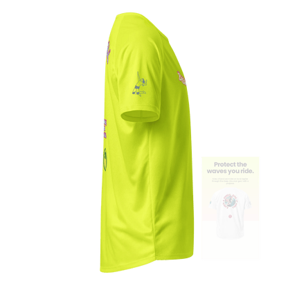 Neon yellow unisex sports jersey, side view with small athlete silhouette on sleeve
